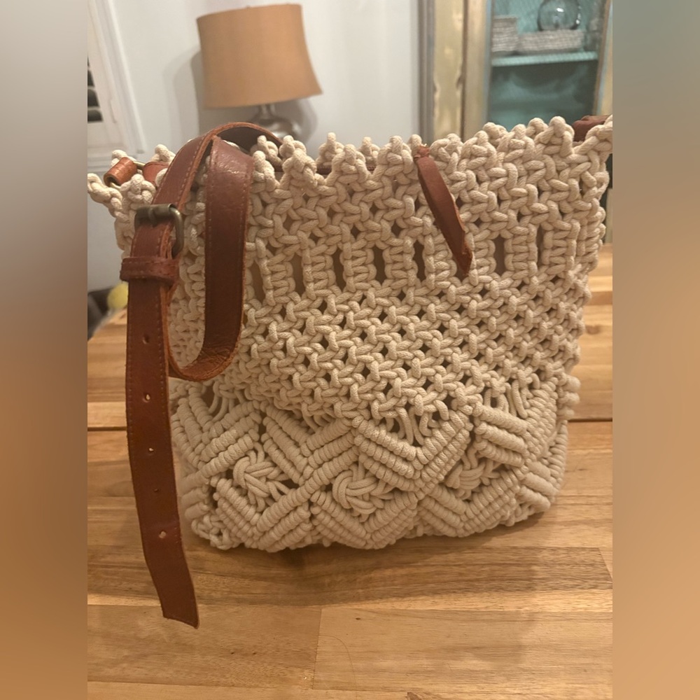 Anabaglish Lane Cream Macramé Crossbody Bag with Brown Leather Strap